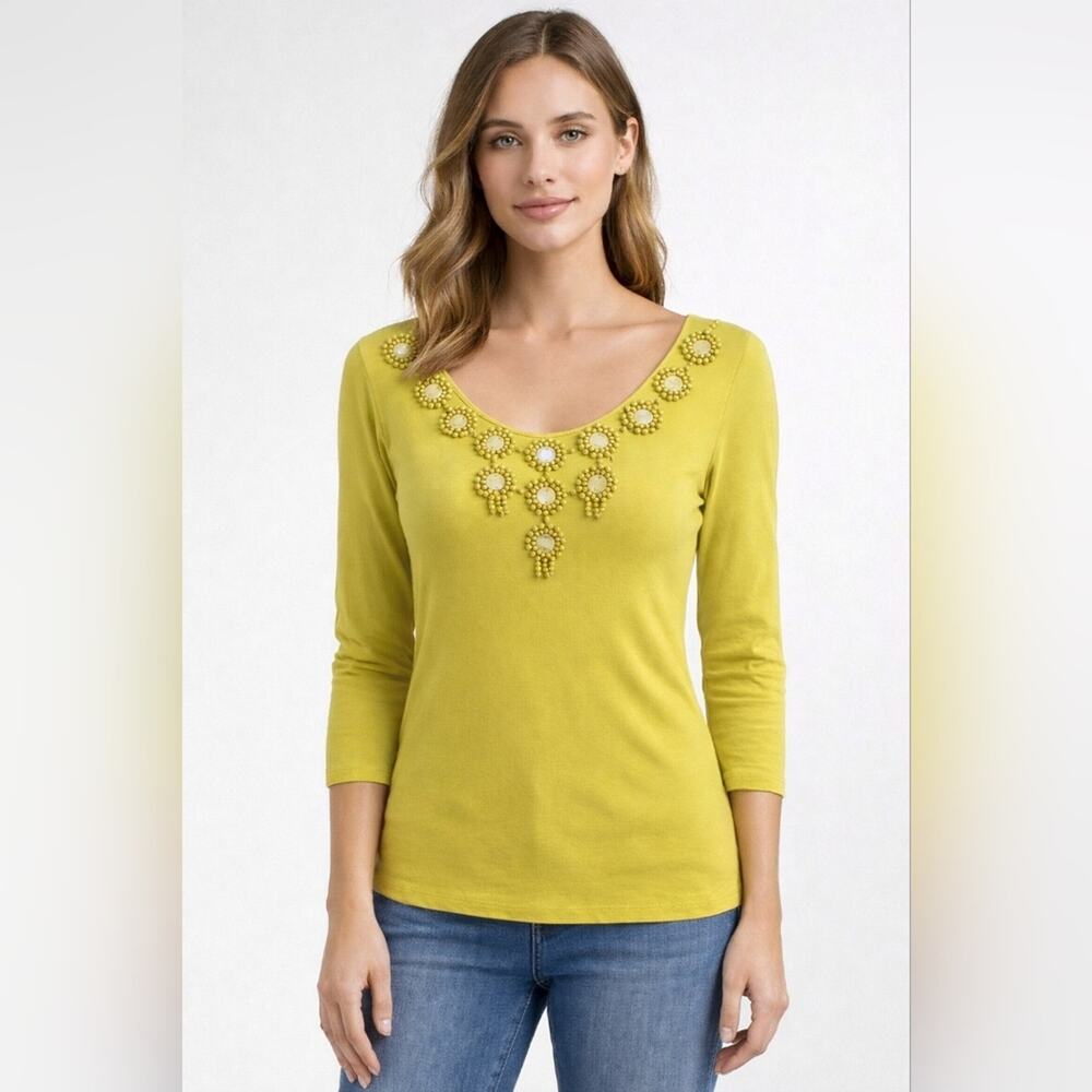 Ruby Rd  Green-Yellow Ribbed Beaded 3/4 Sleeve Sweater sz XL